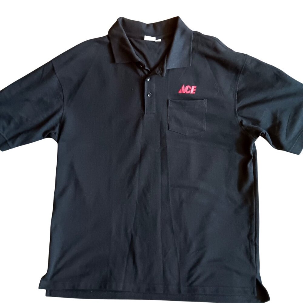 Vtg Ace Black Polo Shirt XL Uniform Embroidered Logo & Front Pocket